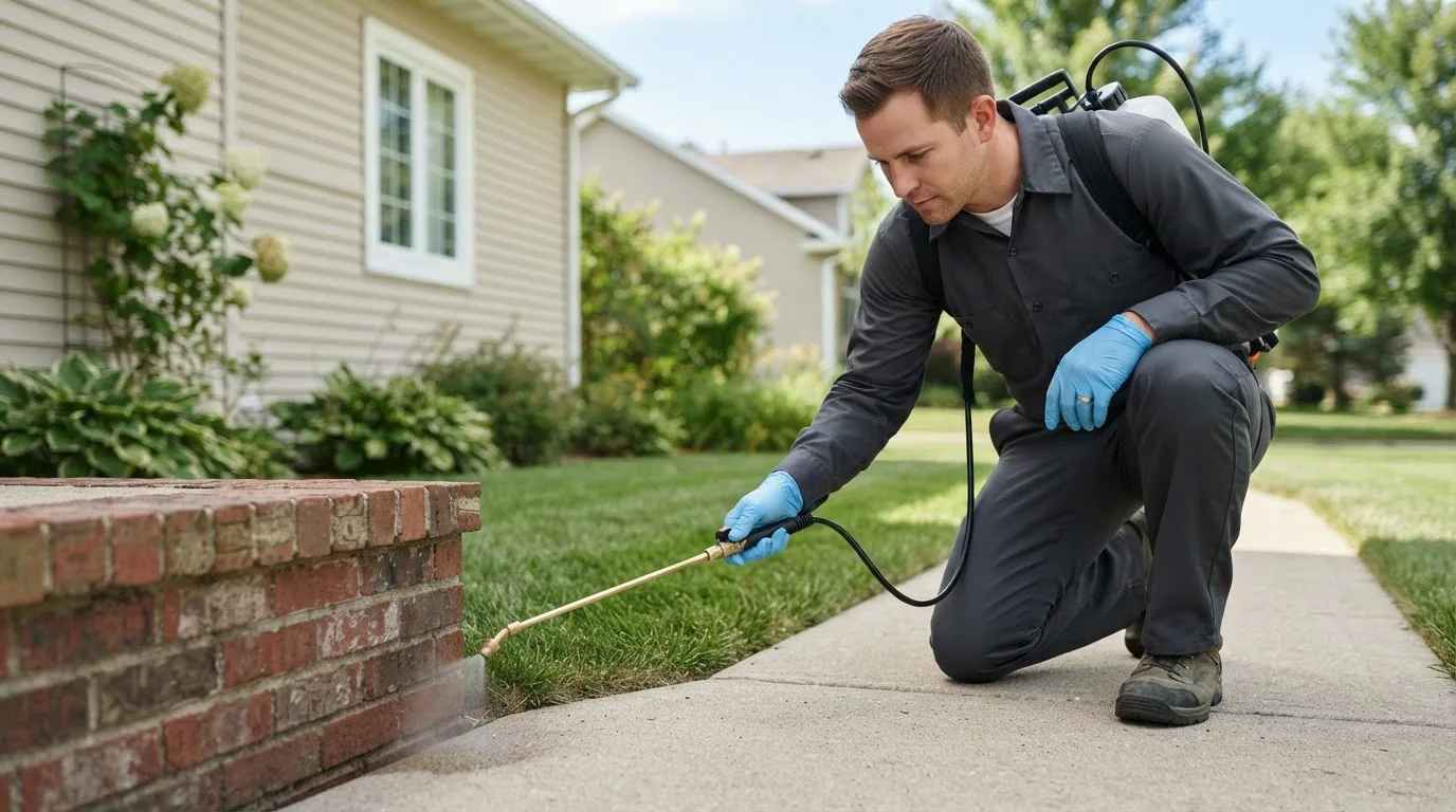 Pest control technician treating a home near Fort Kent, ME