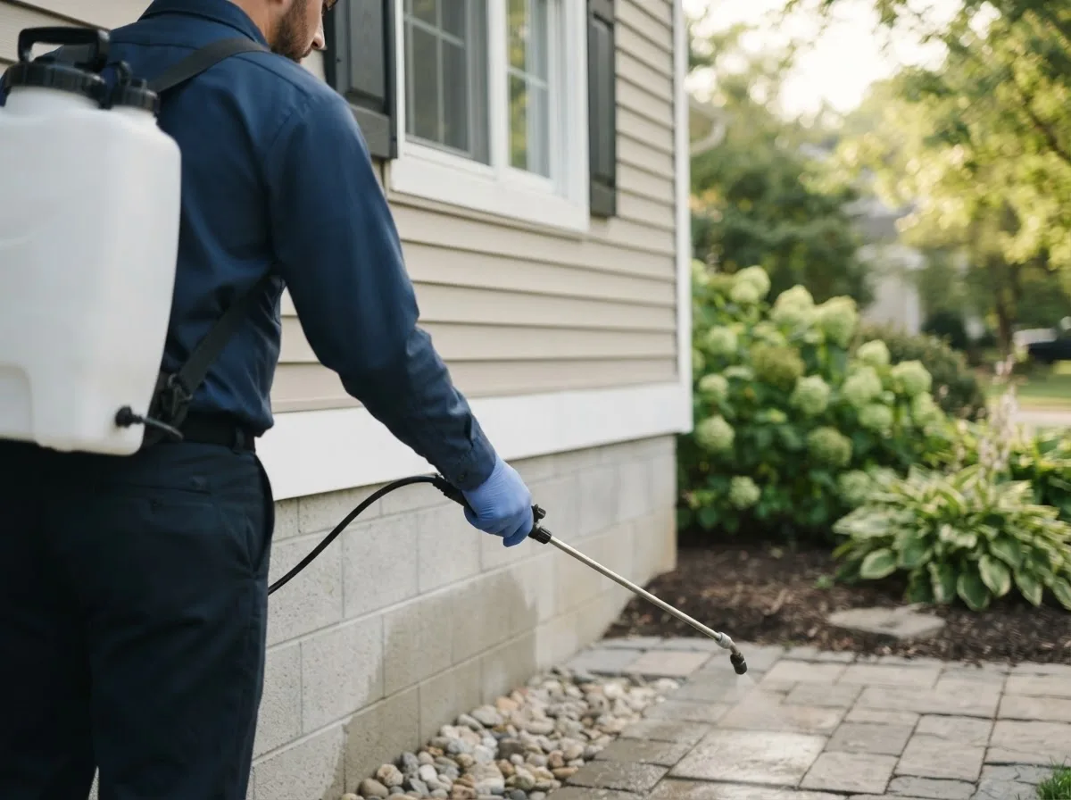 Pest control technician inspecting a home in Fort Kent, ME